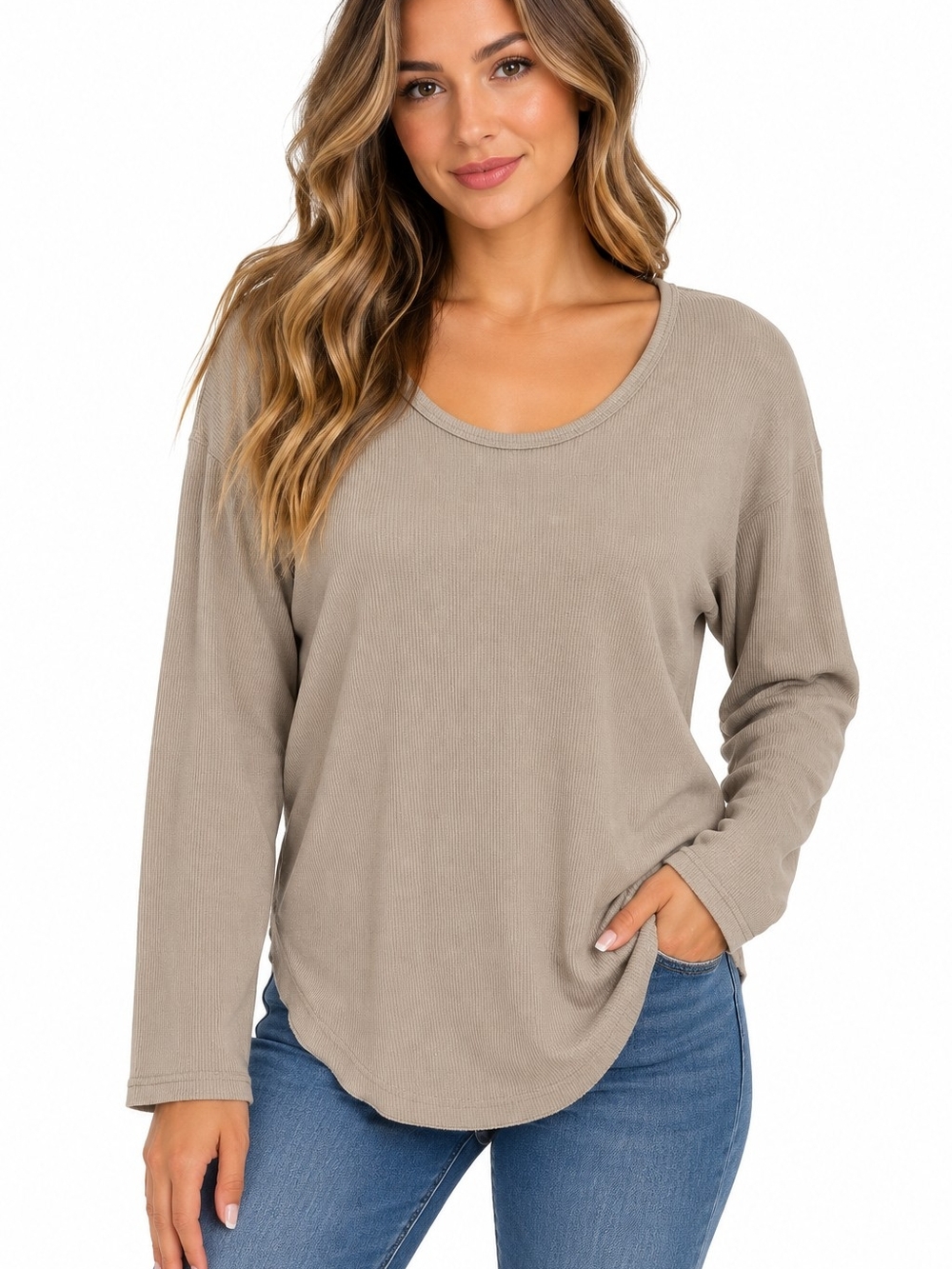 Magaschoni Taupe Ribbed Scoop-Neck Long Sleeve Top